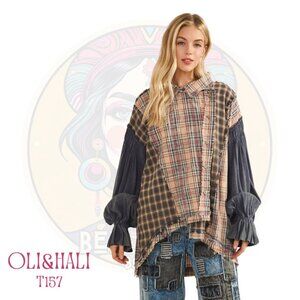 B157 OLI & HALI Navy Mineral Washed Asymmetrical Plaid Button Up Shirt